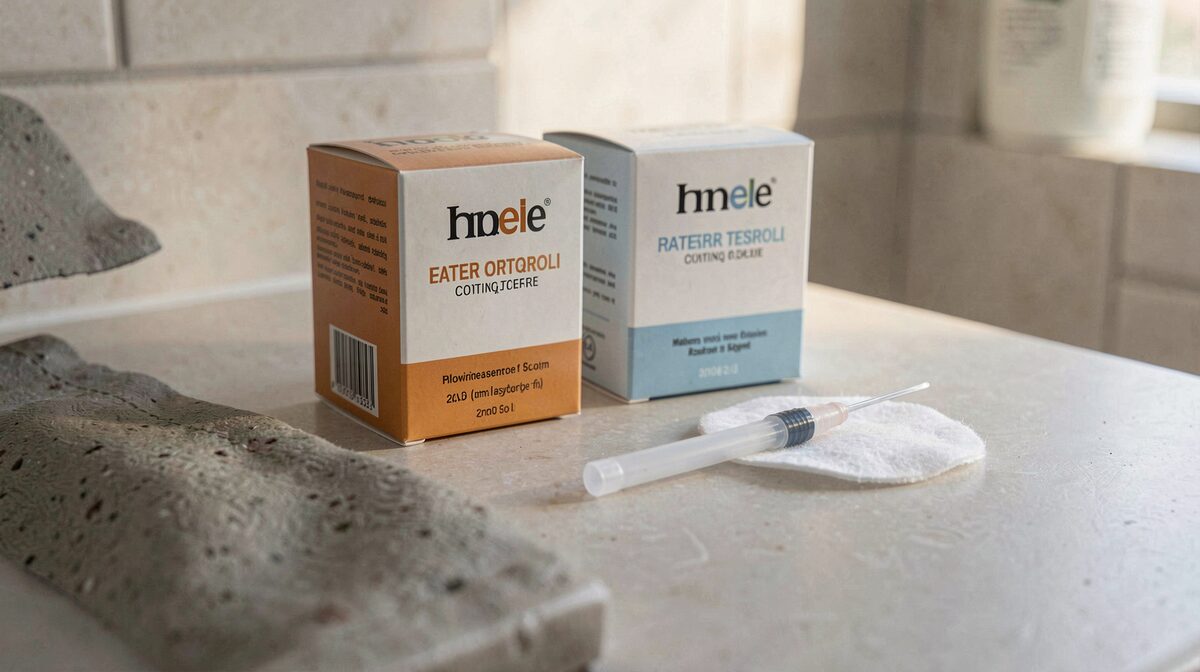 A bathroom counter with two hair color boxes and a patch test swab on a cotton pad, morning side light, close framing.