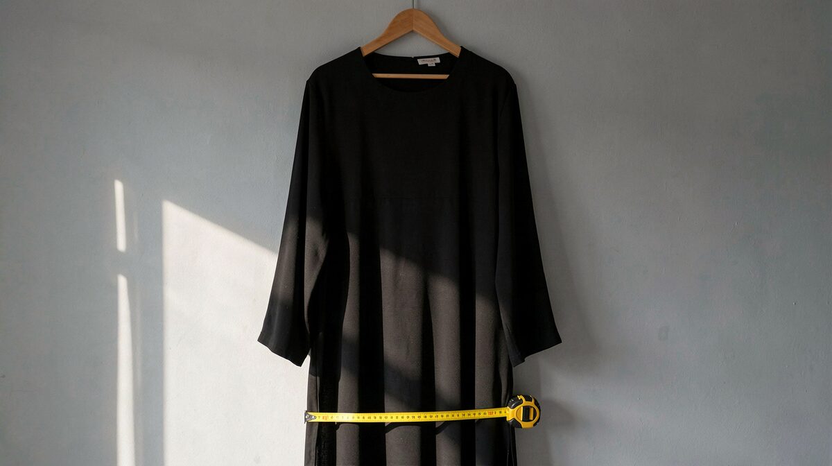 A black crepe abaya hanging from a wooden hanger against a plain grey wall, lit from the left at a low angle so the folds cast shadow into each other, with a yellow tape measure extended along the hem and the camera square to the cloth.